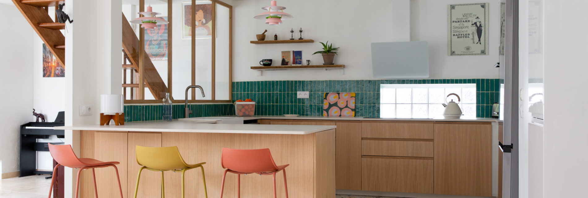Colorful midcentury kitchen — Vibrant Colorful Kitchen Remodel in Greater Paris, France by Michael Intérieurs